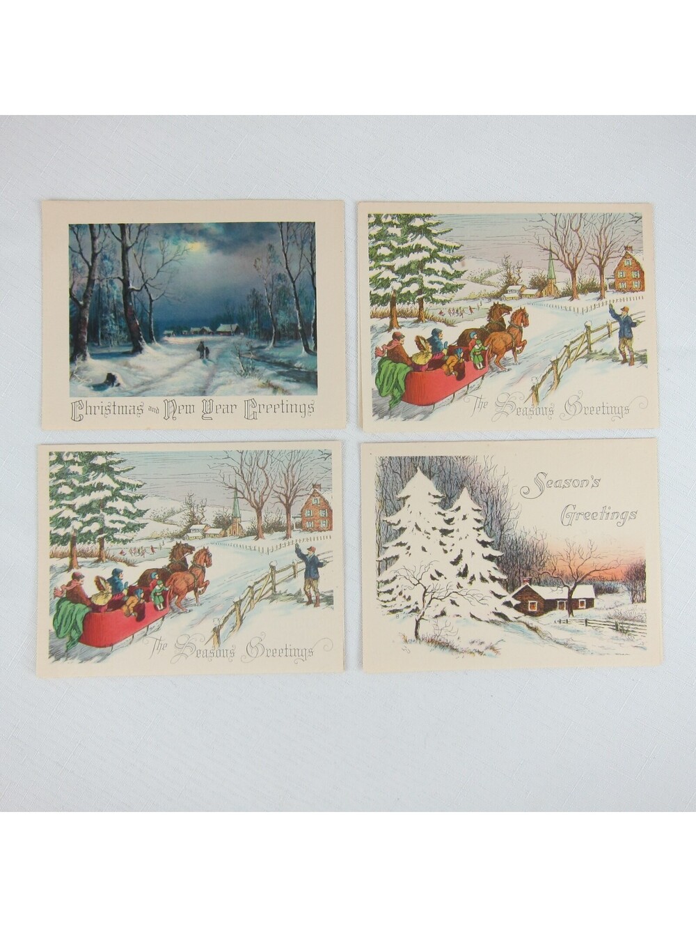 Vintage Sample Christmas Cards Lot 4 Snowy Scenes Sledding House Night USA Litho